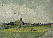 Landschap met hooikar, kerktorens en molen., Theo van Doesburg